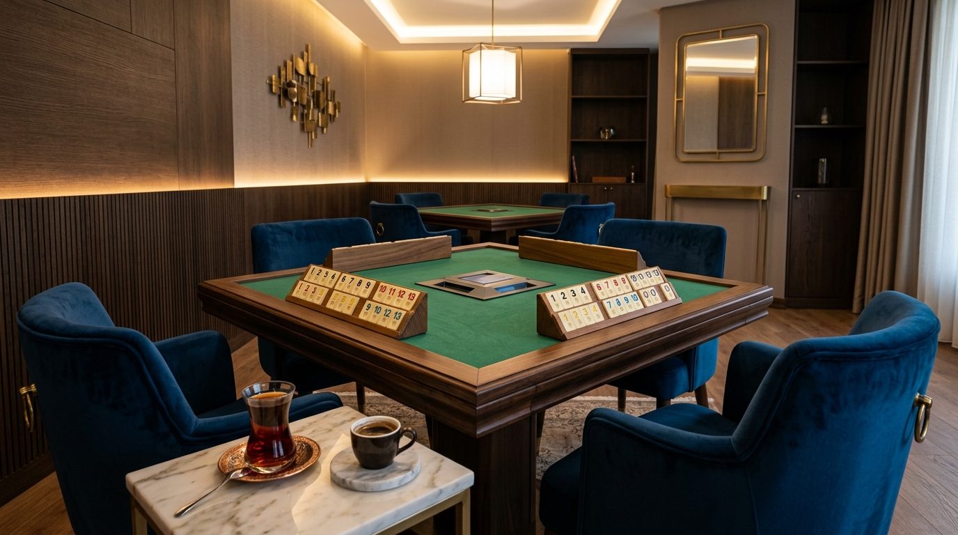 Başakşehir Mifas Lounge VIP otomatik okey masası ve çay-kahve ikram alanı.