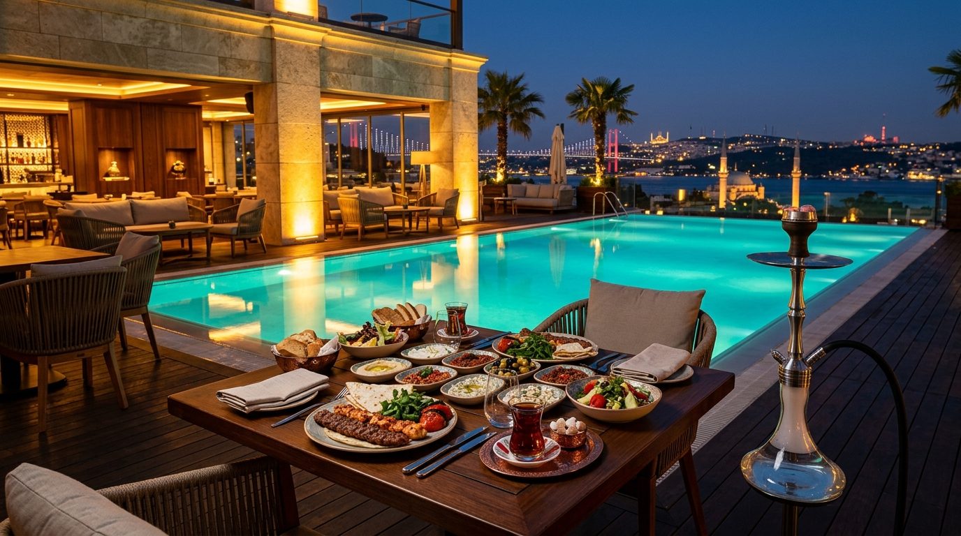 Başakşehir Mifas Lounge havuz manzaralı teras masasında Türk mutfağı lezzetleri ve çay sunumu.